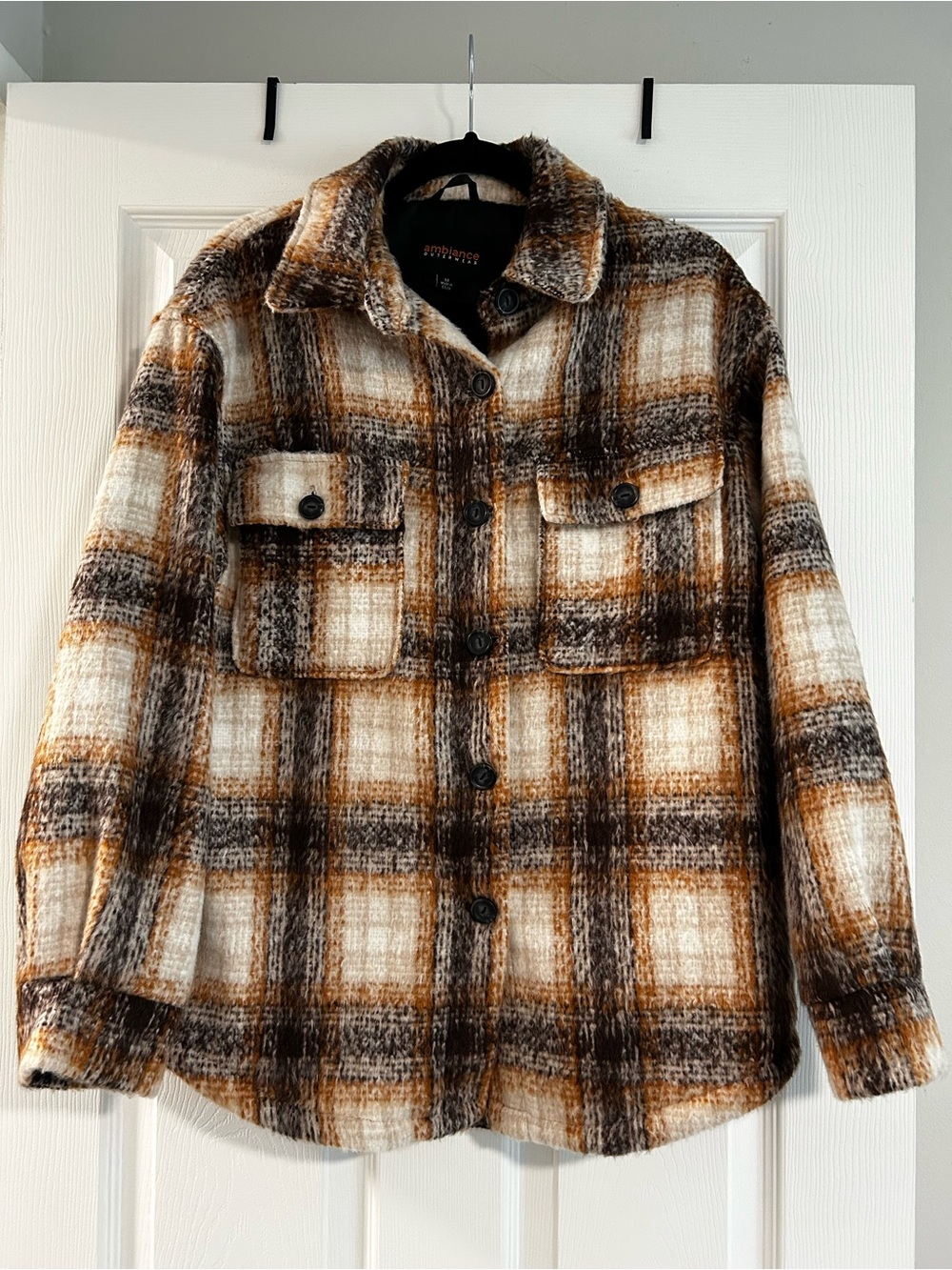 Ambiance Outerwear Plaid Shacket Jacket in Cream, Brown & Black